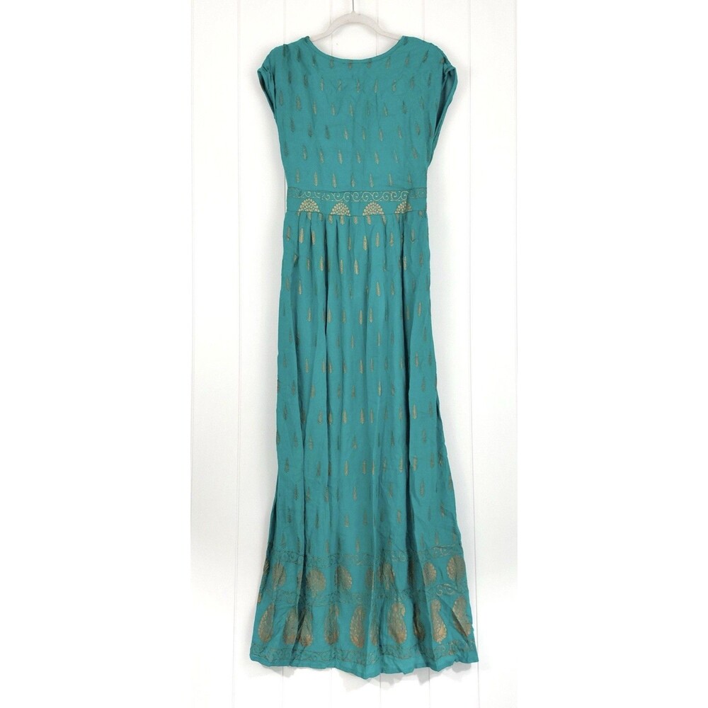 Lapogee Emerald Green & Gold 100% Indian Rayon Flowy Boho Maxi Dress Size Large - Picture 5 of 8